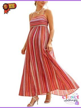 Maternity Spaghetti Strap Smocked Back Flowy Beach Dress